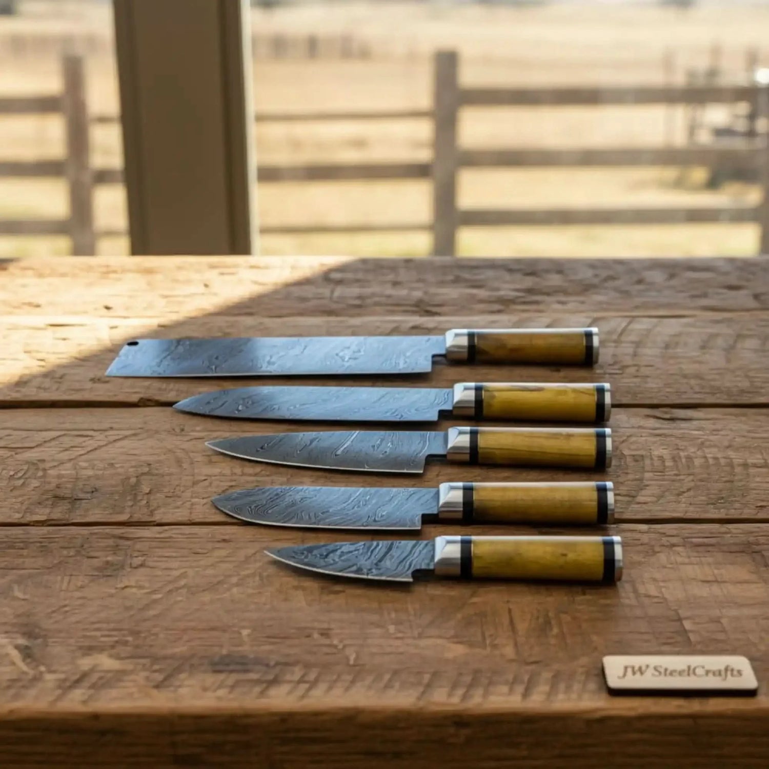 Pattern-Welded Damascus Japanese Kitchen Set — Nakiri, Bunka &amp; Petty Knives (5 pcs)