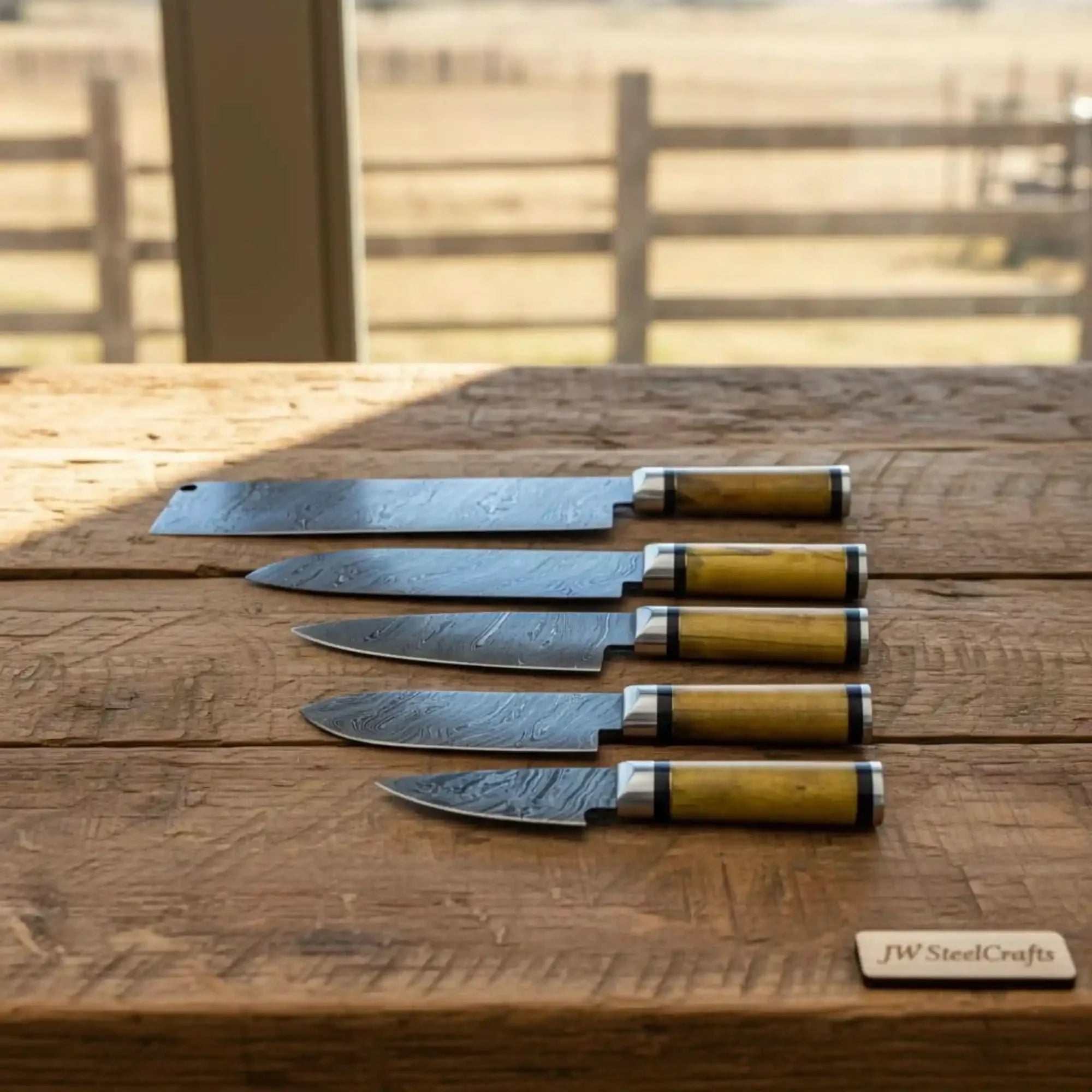 Pattern-Welded Damascus Japanese Kitchen Set — Nakiri, Bunka &amp; Petty Knives (5 pcs)