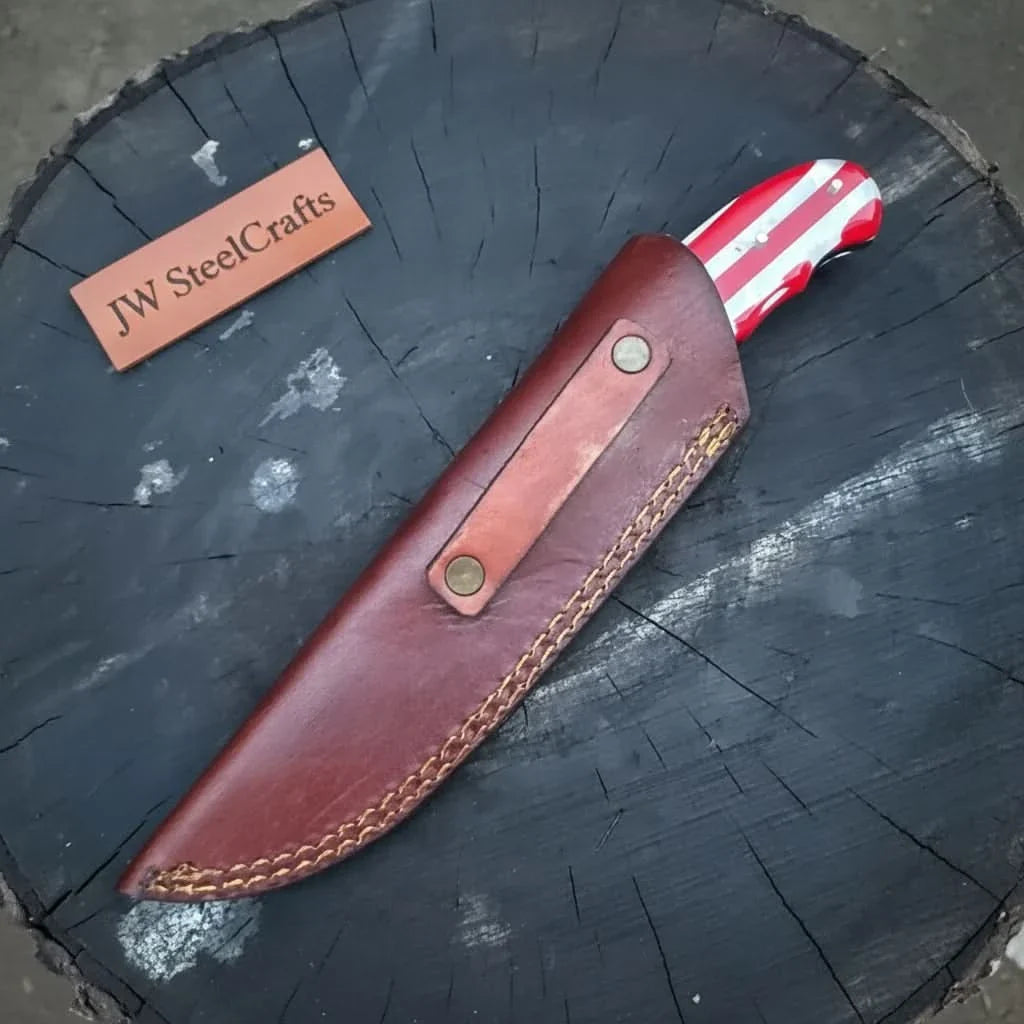 Damascus Steel USA Flag Handle Knife — 5-Inch Raindrop, &amp; Leather Sheath