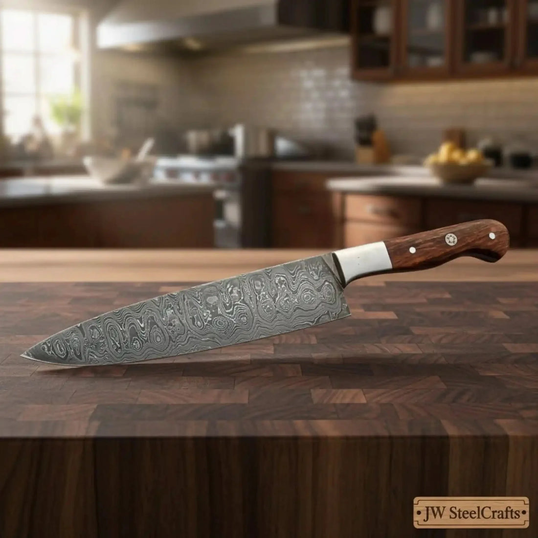 13" Raindrop Damascus Kiritsuke Kitchen Knife — 8" Blade with Rosewood Handle &amp; Steel Bolster