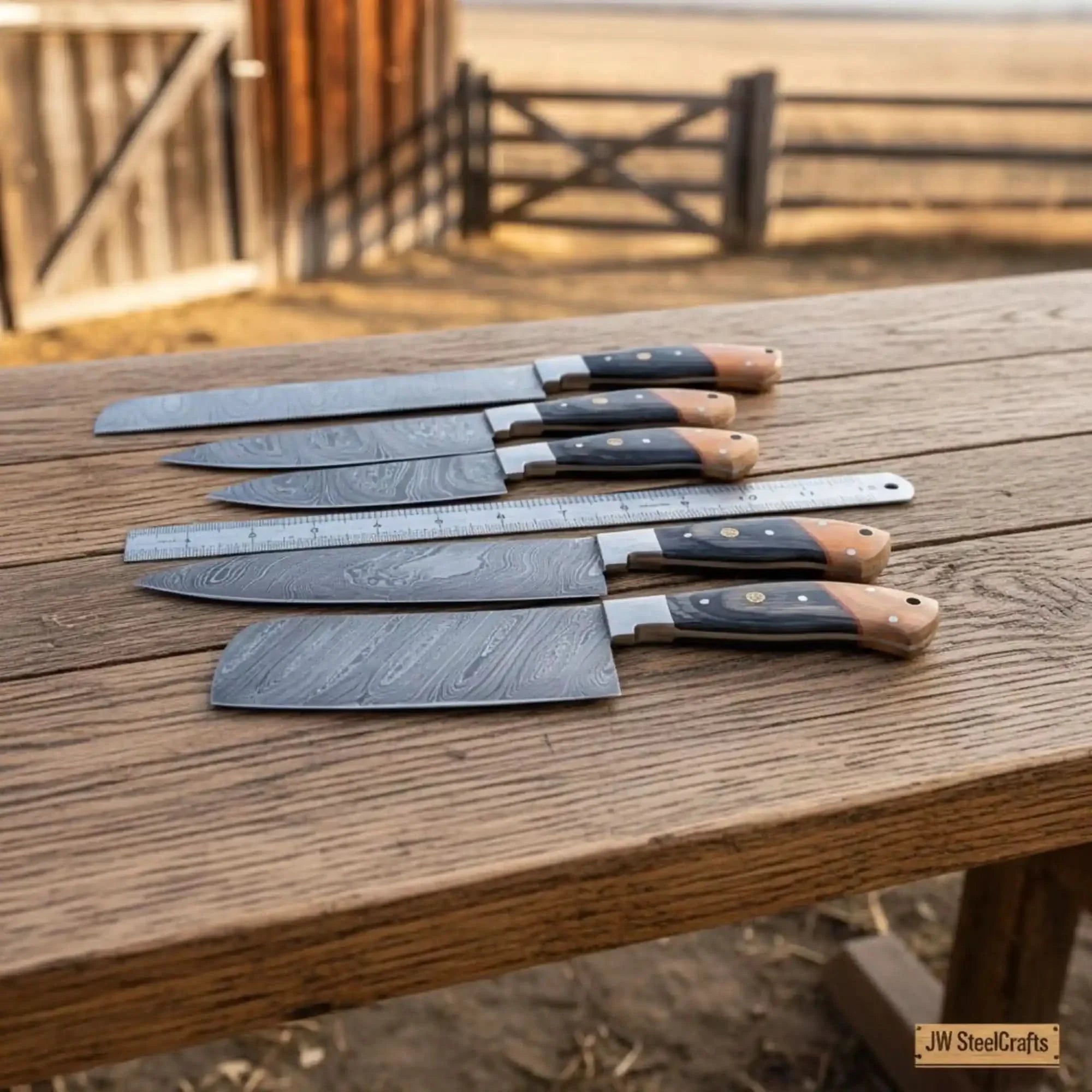 Damascus Multi-Blade Chef Knife Set with Olive Wood &amp; Black Pakka Wood Handles