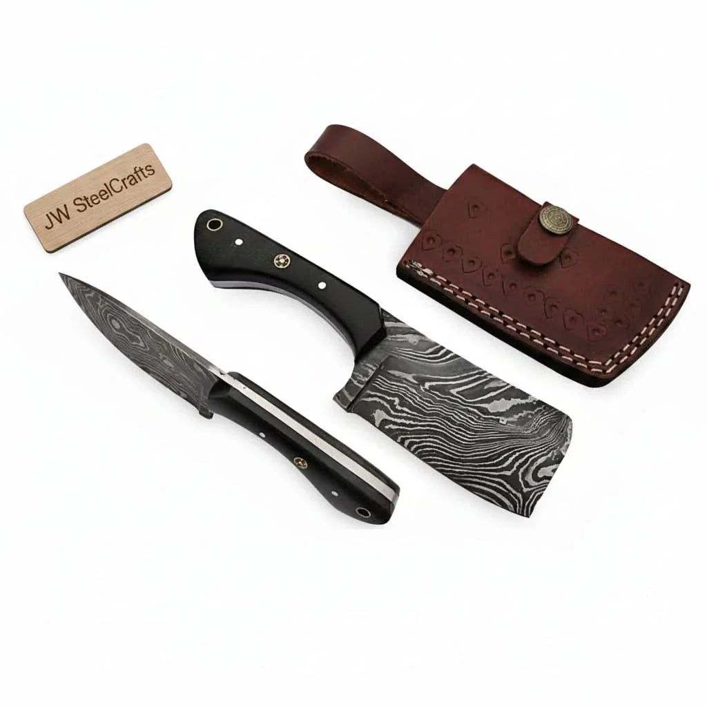 7 Inch EDC Fixed Blade Dagger Knife with Damascus Steel, Black Micarta Handle, Mosaic Pins, Lanyard Hole &amp; Leather Sheath