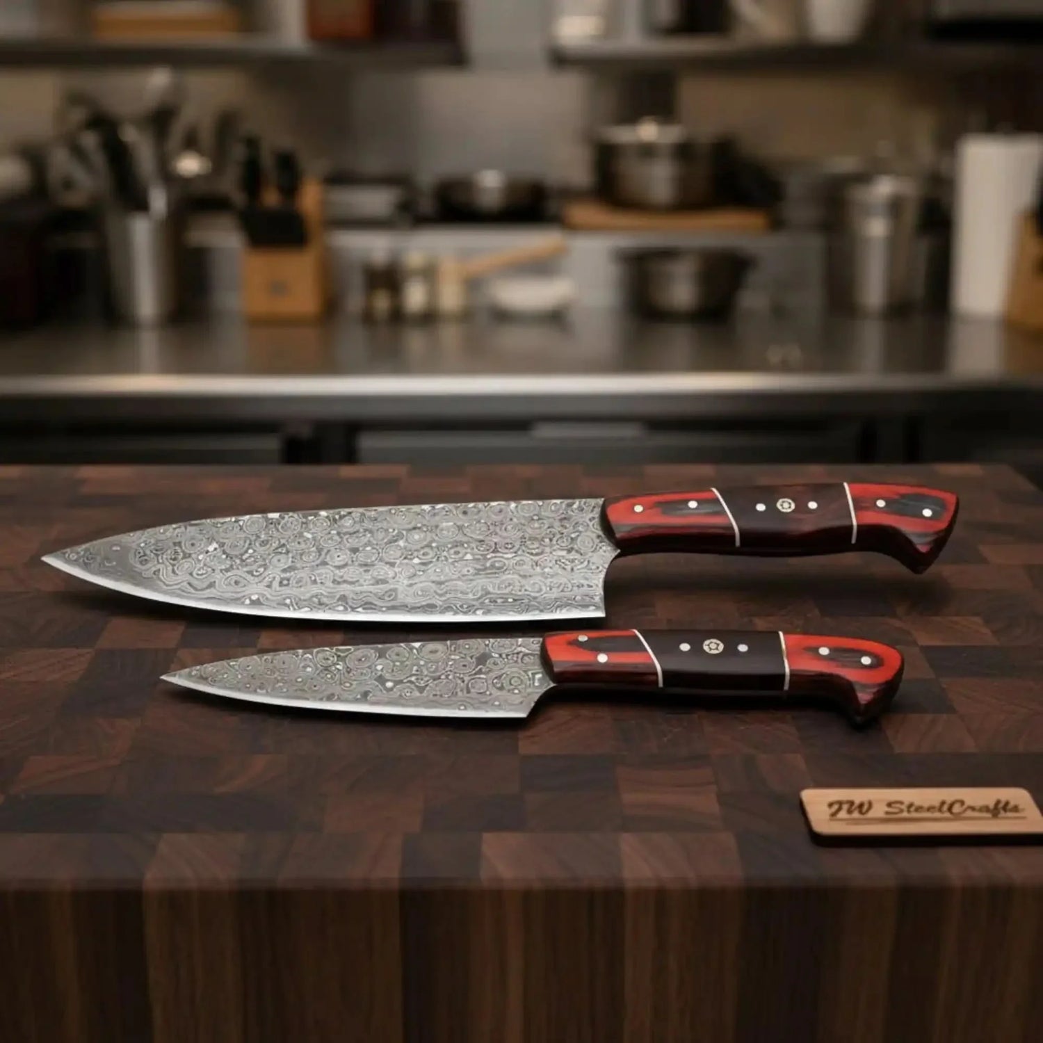 Damascus Gyuto &amp; Petty Knife Pair — 13 &amp; 8 Inch Blades with Red Pakka Wood &amp; Rosewood Handles and Mosaic Pins | JW Steel Crafts