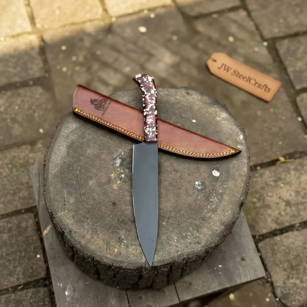 Black Blade Chef Knife Full Tang with Custom Handle &amp; Leather Sheath
