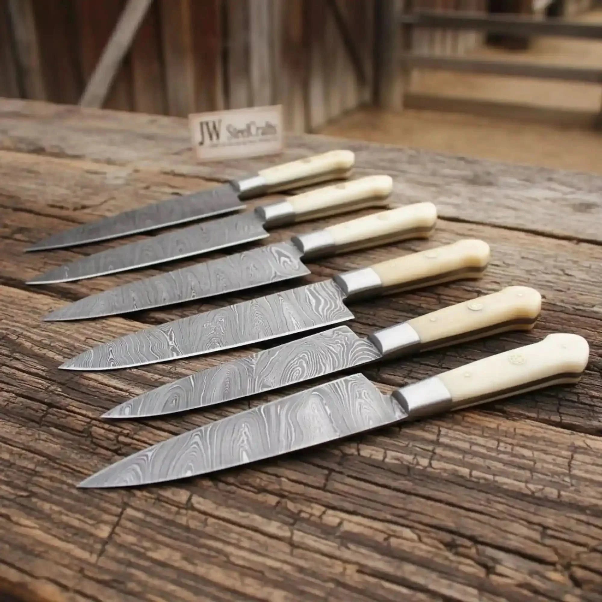 Artisan 7-Piece Damascus Steak Knife Set — Bone Handles, Mosaic Pins &amp; Steel Bolsters
