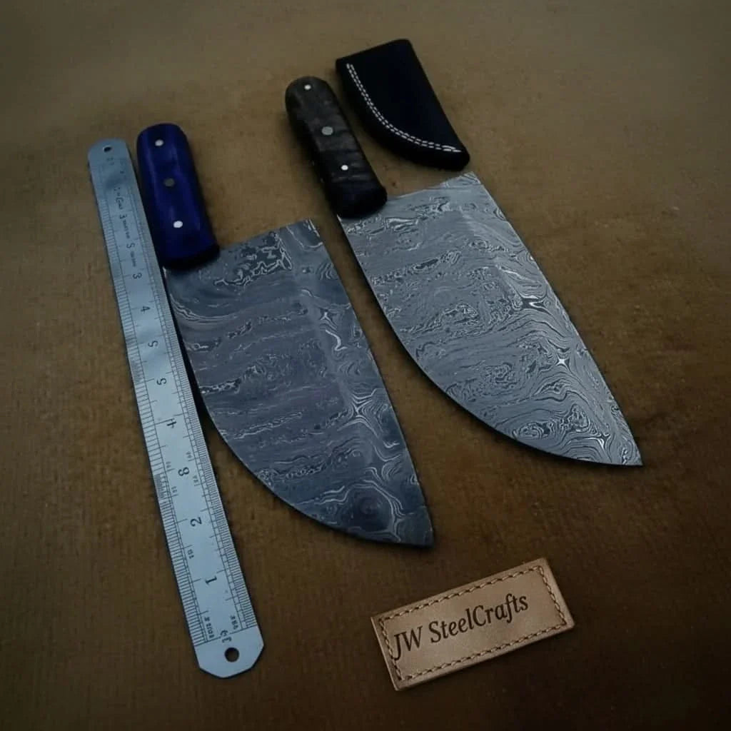 Hammer Forged Damascus Chinese Cleaver &amp; Curved Butcher Knife Pair – Black &amp; Blue Pakka Wood Handles