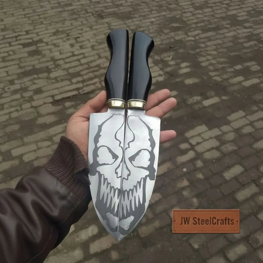 Matched Handmade Knife Pair – Acid-Etched Skull Design | 12-Inch Overall | Black Resin Handles &amp; Brass Bolsters