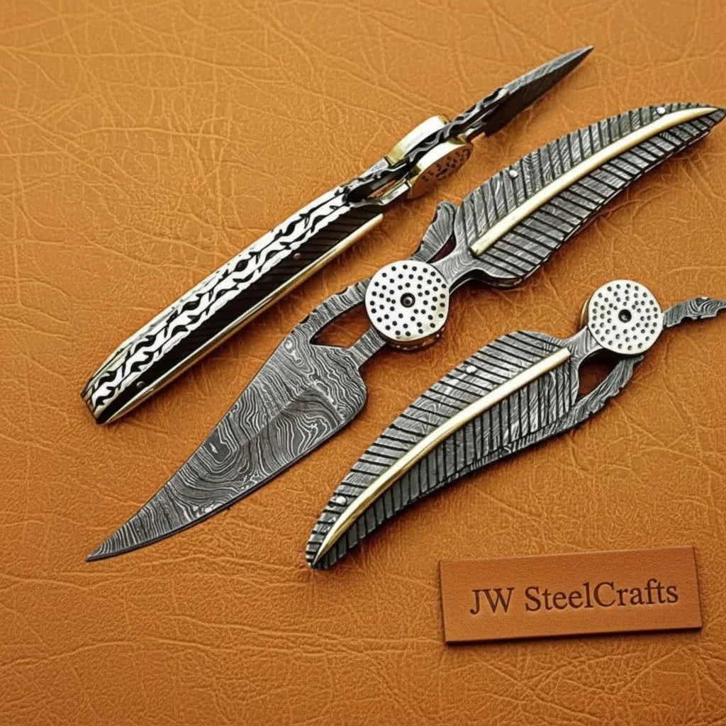 Damascus Steel Folding Knife with Sculpted Feather Handle &amp; Brass Inlay | Handcrafted EDC Pocket Knife