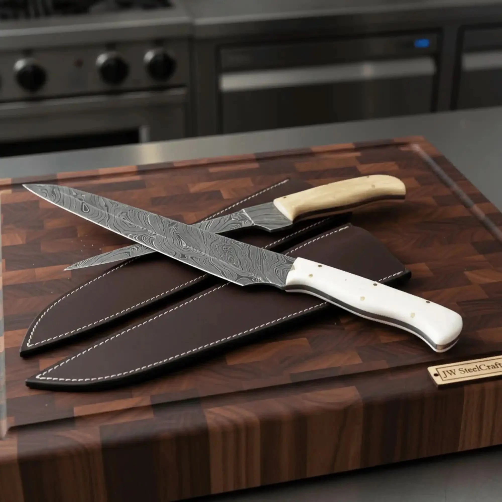 2-Piece Damascus Carving &amp; Utility Knife Set — Twisted Pattern Blades, White Camel Bone Handles