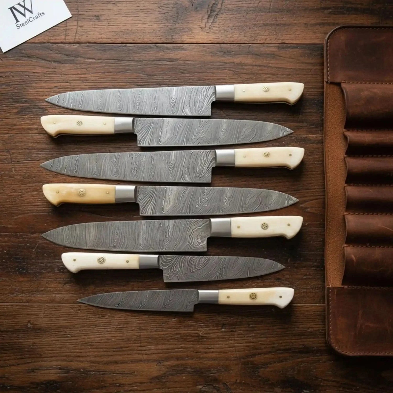 Damascus Western Chef &amp; Carving Knife Set – 7-Piece Full Tang Collection with Camel Bone Handles