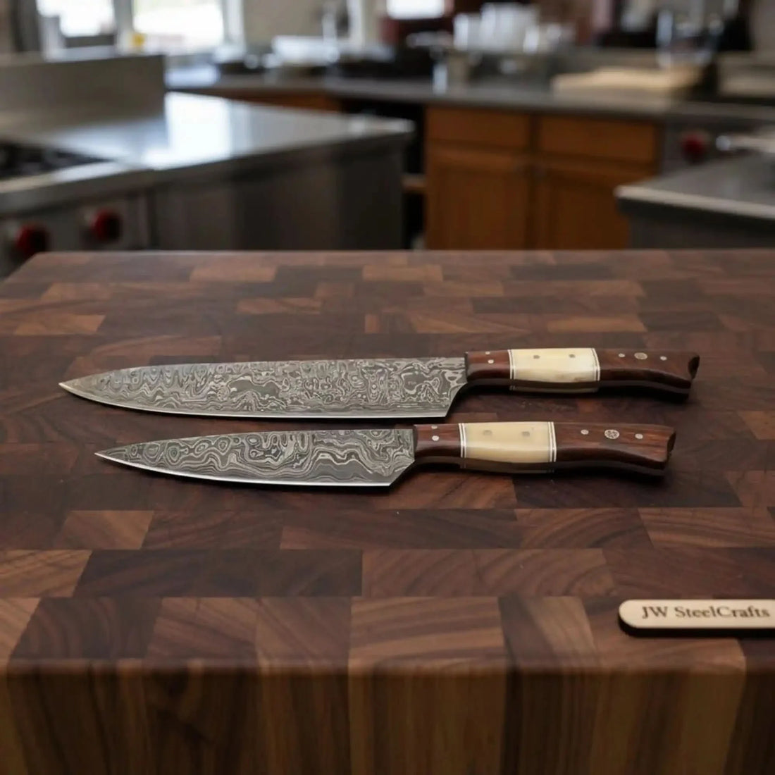 2-Piece Raindrop Damascus Carving &amp; Utility Knife Set — 11" Blades with Bone and Rosewood Handles