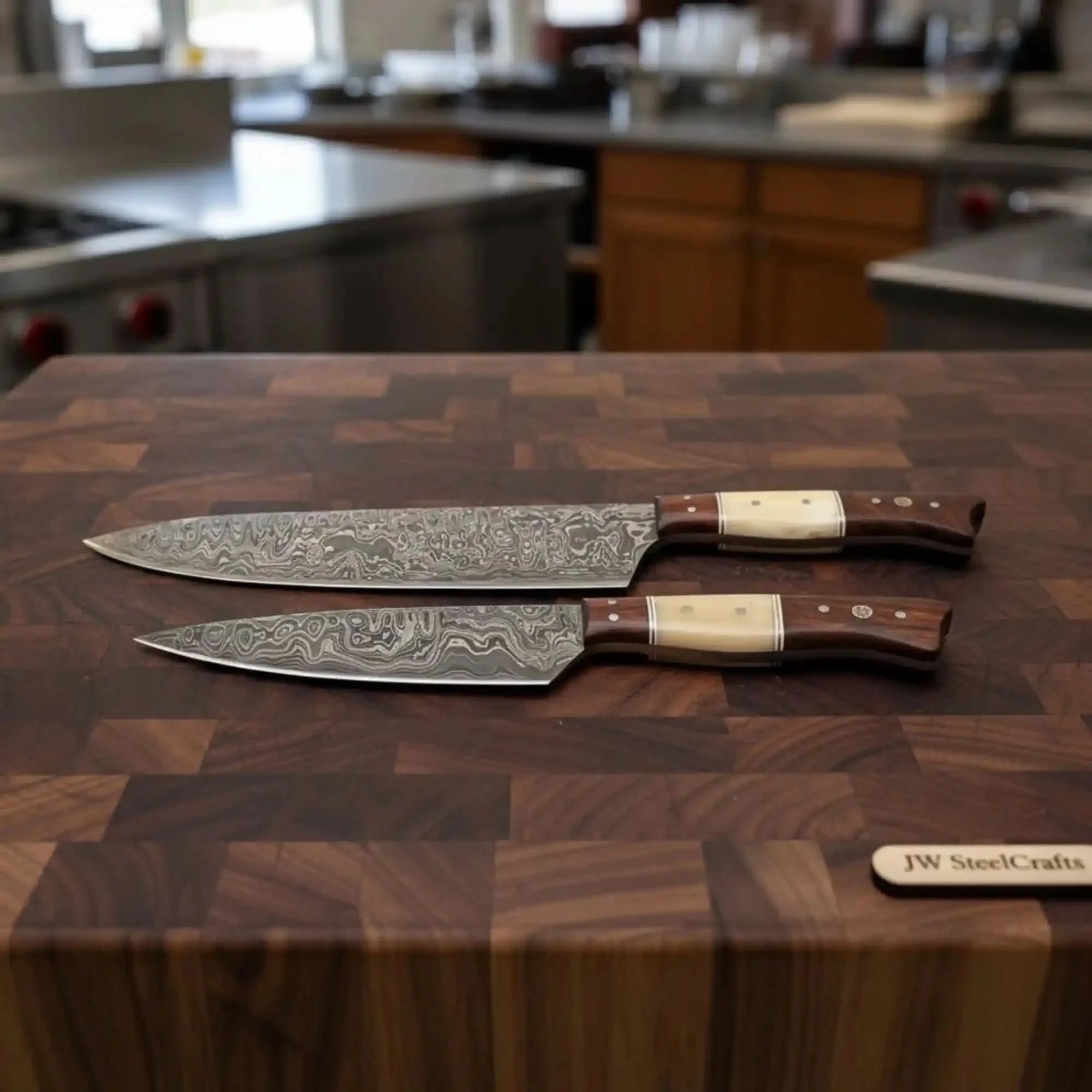 2-Piece Raindrop Damascus Carving &amp; Utility Knife Set — 11" Blades with Bone and Rosewood Handles