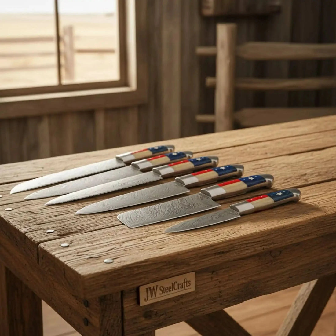 6-Piece Texas Flag Damascus Steak &amp; Utility Knife Set — Pakka Wood &amp; Bone Handles