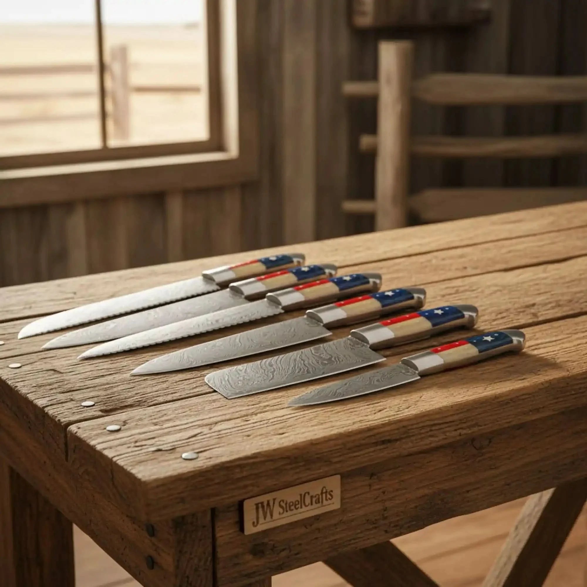 6-Piece Texas Flag Damascus Steak &amp; Utility Knife Set — Pakka Wood &amp; Bone Handles