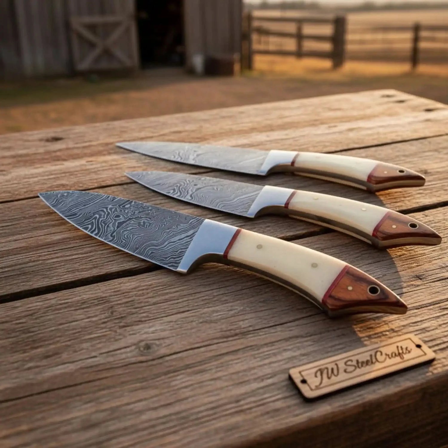 Handmade Damascus Steel Kitchen Knife Set with Bone and Wood Handles