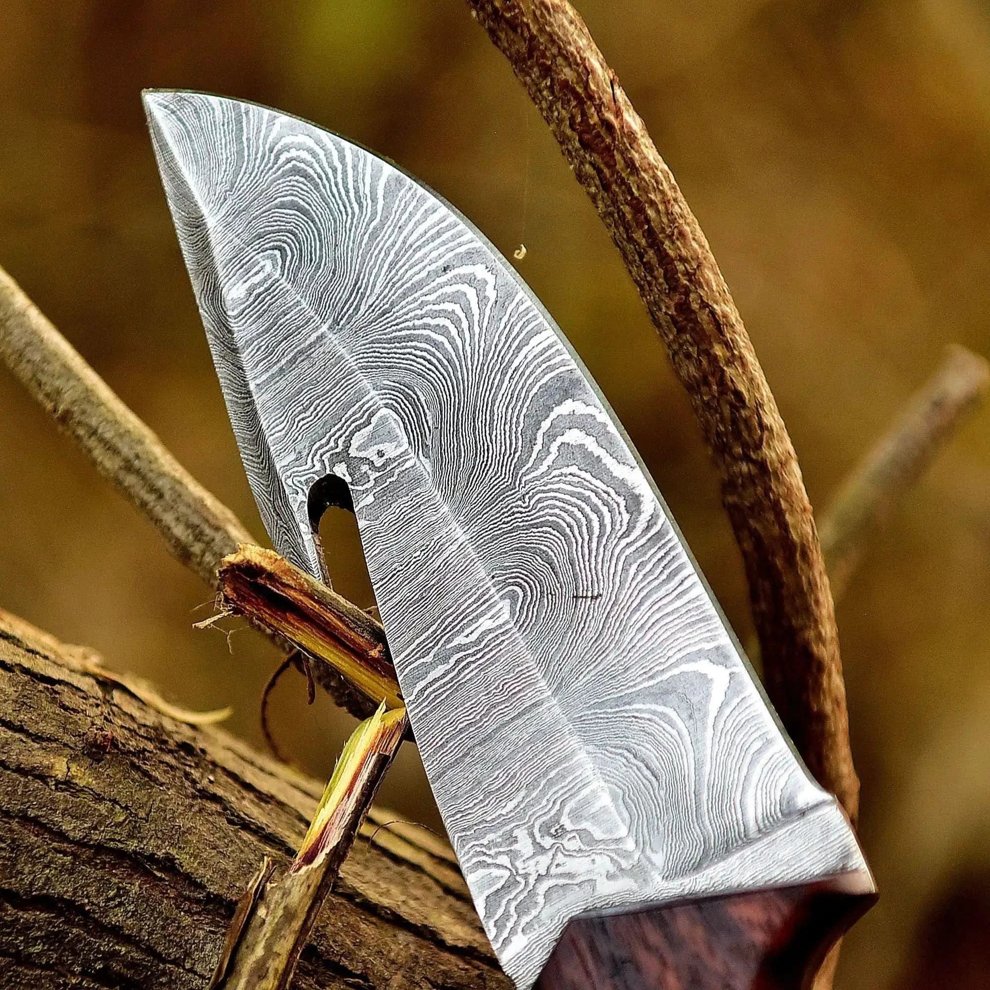 Gut Hook Hunting Knife with Bone, Resin &amp; Rosewood Handle | Damascus Pattern Blade