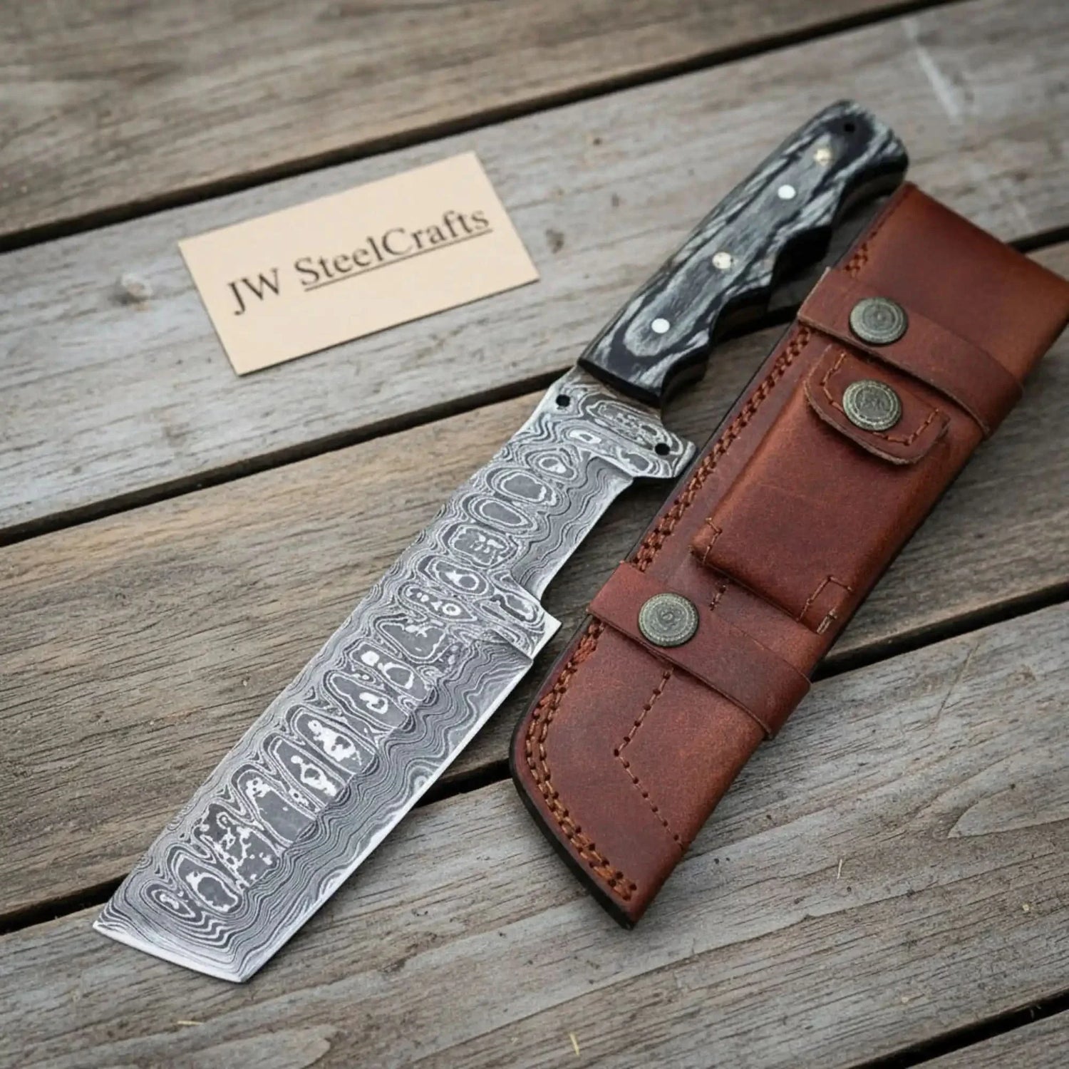 Handmade Damascus Steel Tracker Knife with Leather Sheath &amp; Wooden Handle