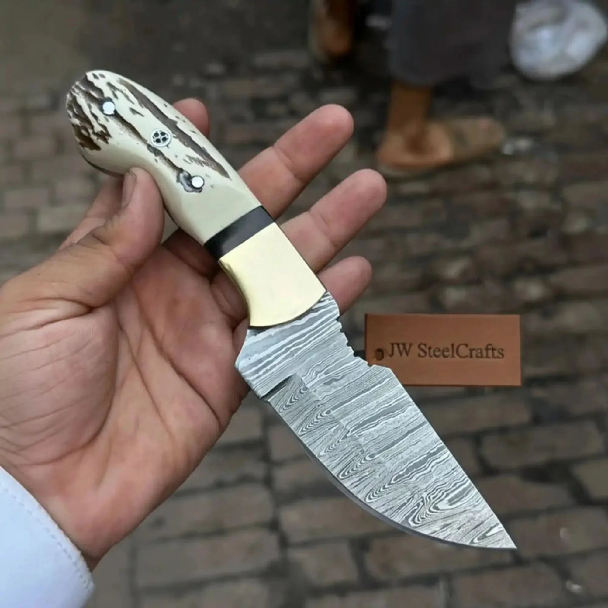 Premium Hunting Knife 4” Damascus Steel Fixed Blade Synthetic Stag Handle Straight Back