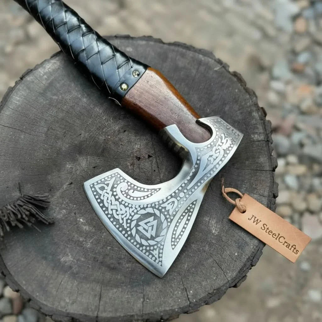 Viking Axe with Leather Wrapped Handle &amp; Engraved Head – JW SteelCrafts