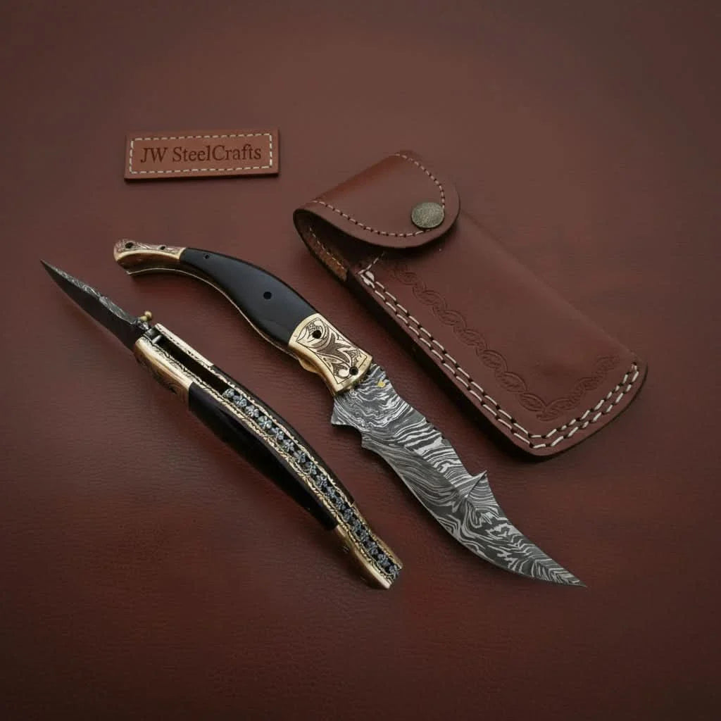 Handmade Damascus Steel Folding Knife with Teal Handle, Engraved Bolster &amp; Leather Sheath