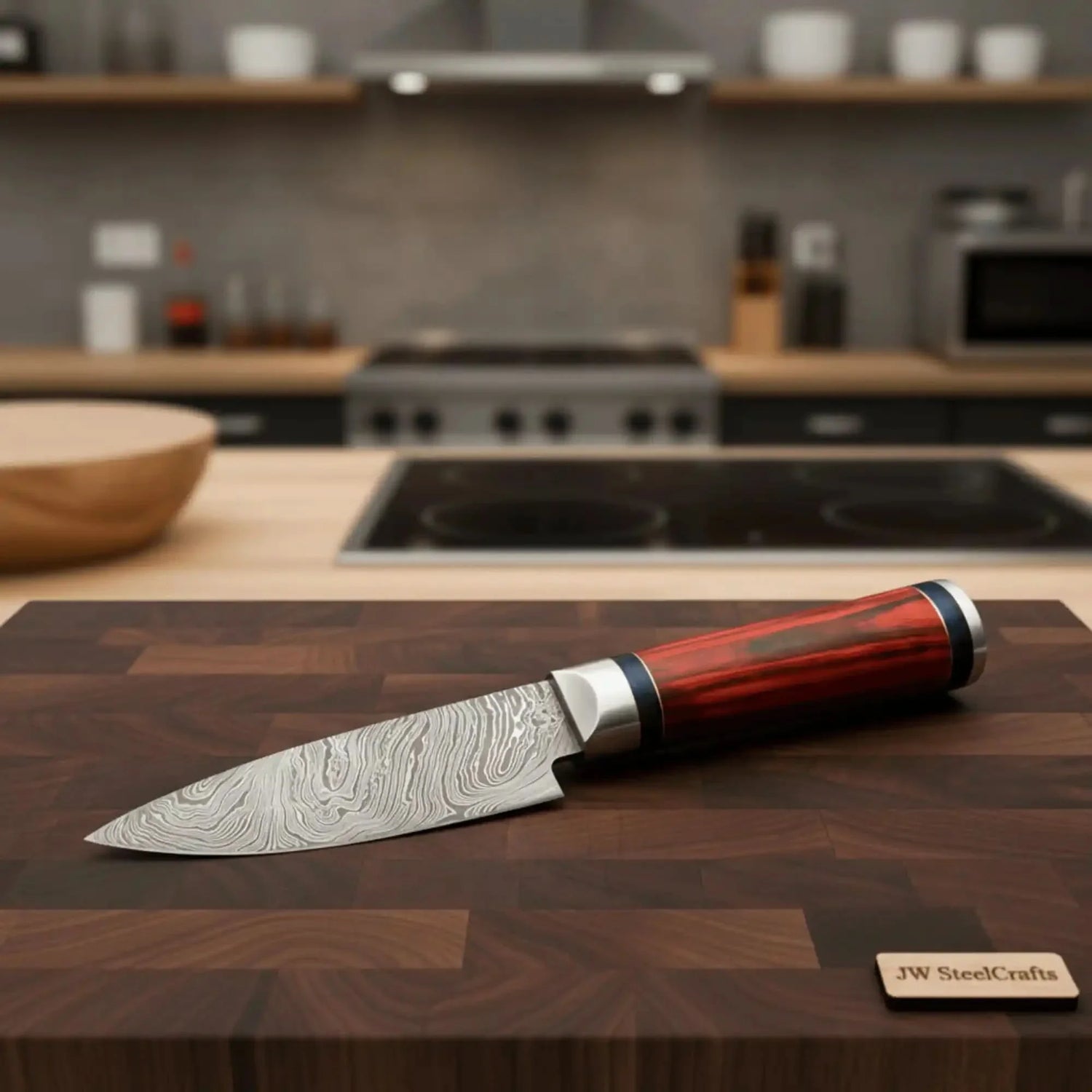 Handmade Damascus Petty Knife – 4-Inch Blade | Red Pakkawood Handle &amp; Steel Bolster | 8" Overall