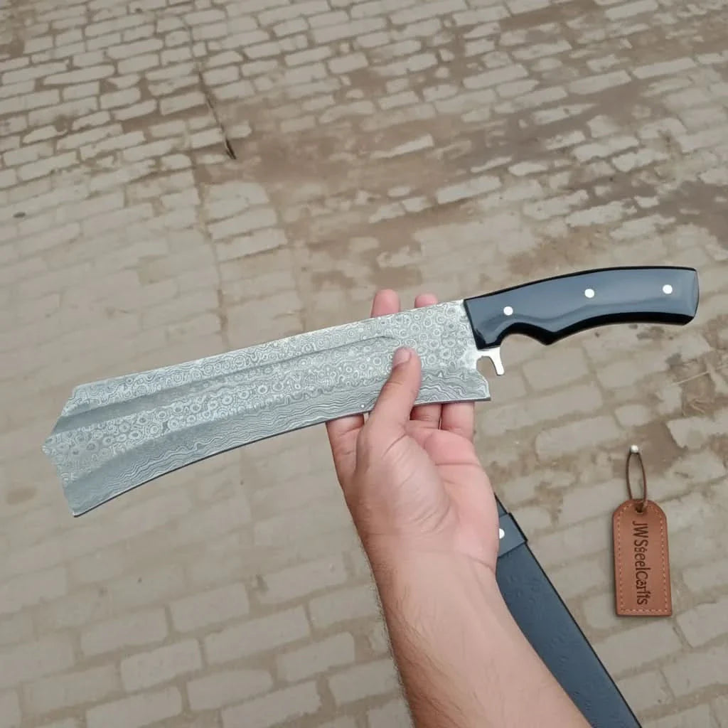 Forged Damascus K-Tip Nakiri Knife — Raindrop Pattern Blade, Black Resin Handle &amp; Silver Pins | JW Steel Crafts