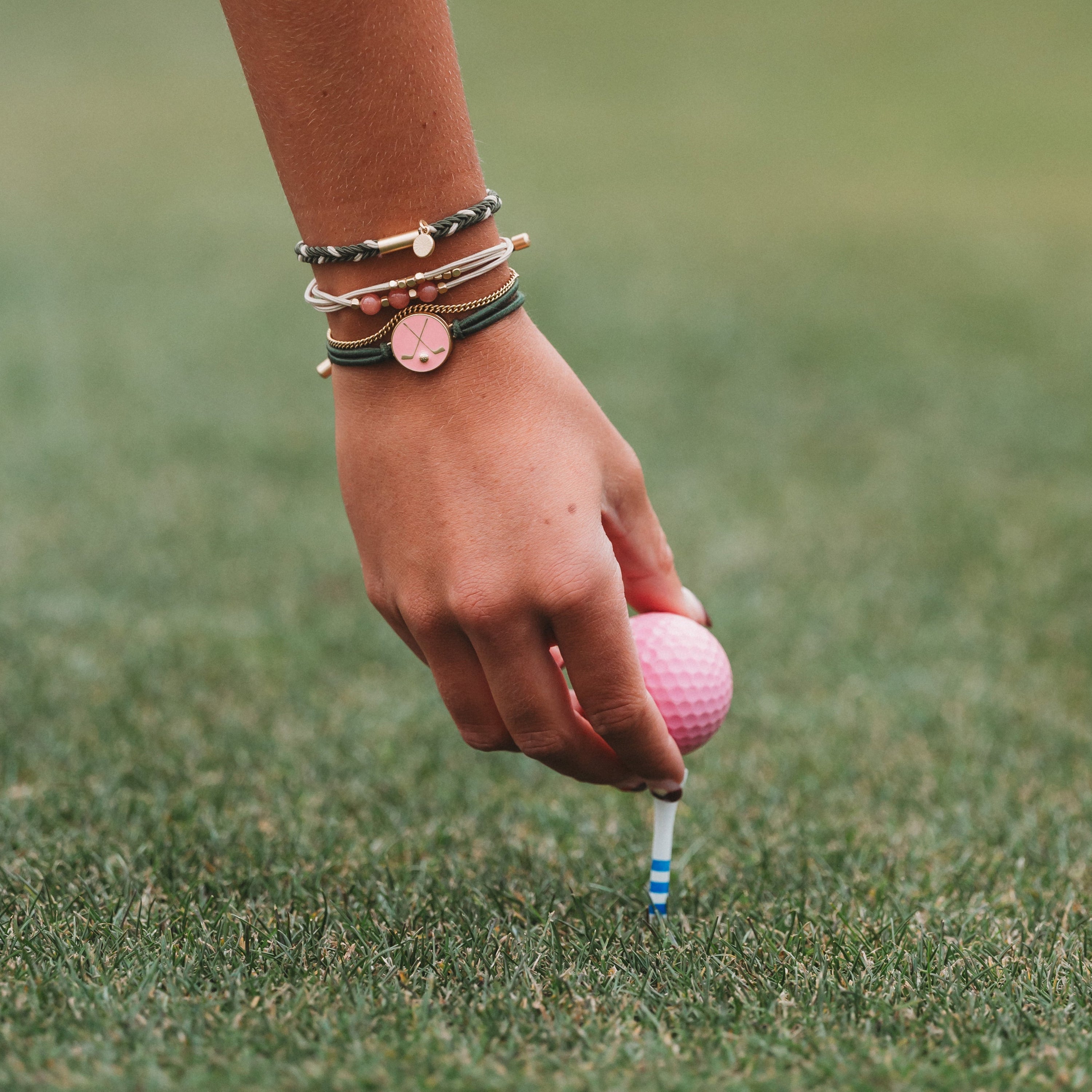 "Tee Time" Green &amp; Pink Hair Tie Bracelets with Removable Ball Marker
