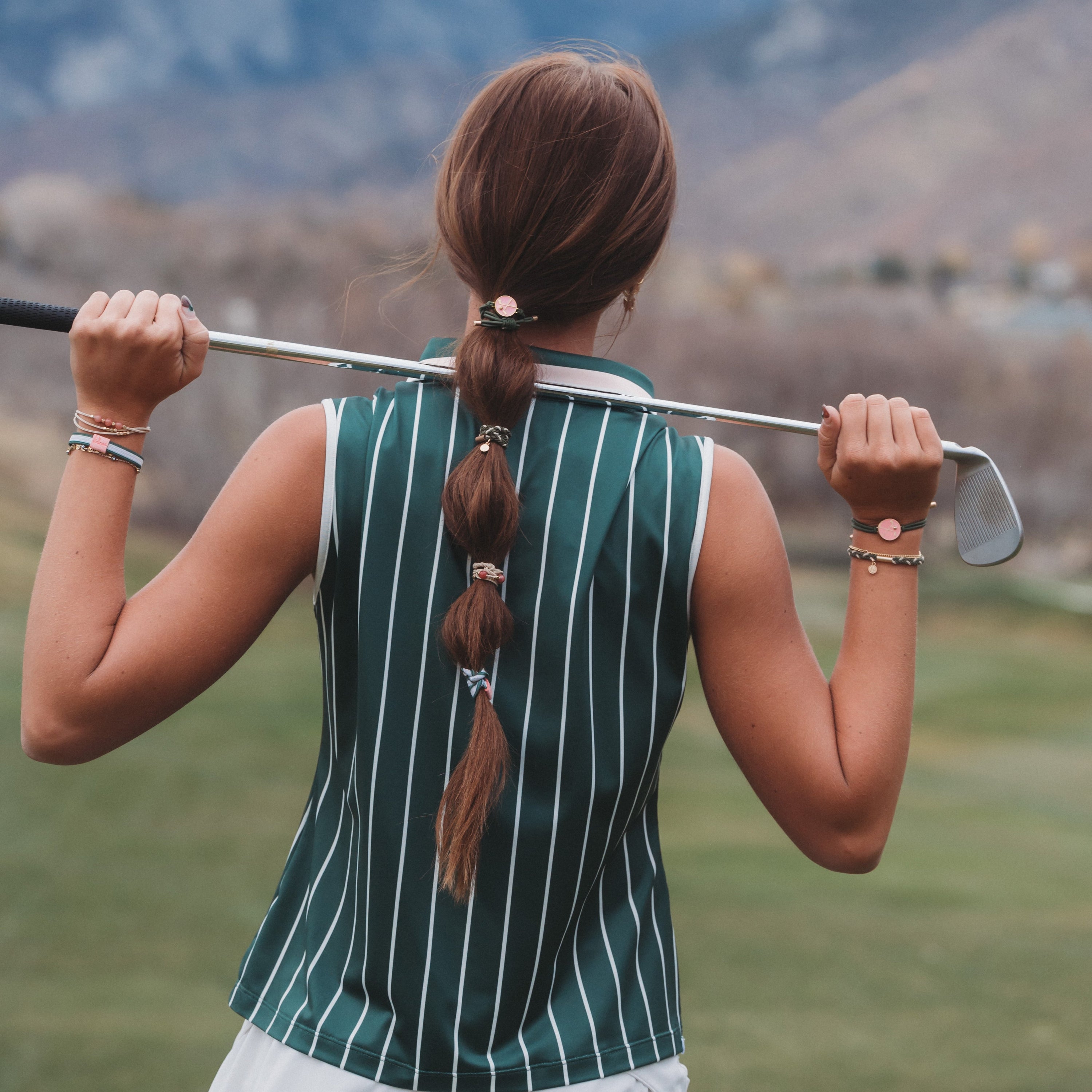 "Tee Time" Green &amp; Pink Hair Tie Bracelets with Removable Ball Marker