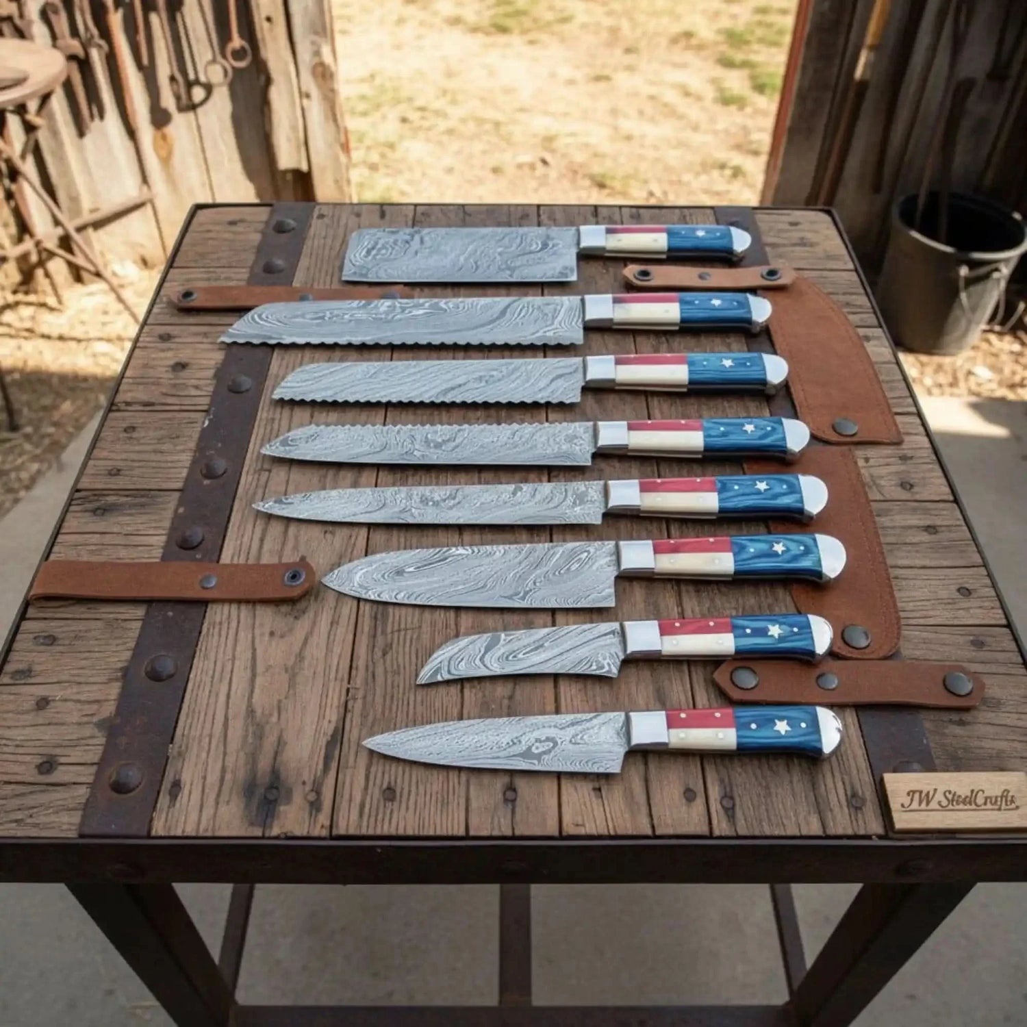 8-Piece Texas Flag Damascus Knife Set with Cleaver, Bread Knife &amp; More, 8 to 13 Inch Blades | JW Steel Crafts