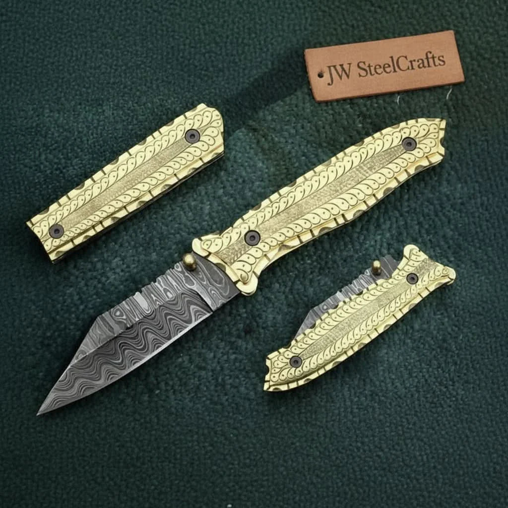 Hand-Engraved Damascus Folding Knife with Brass Handle &amp; Leather Sheath