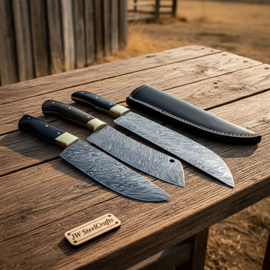3 Piece Damascus Kitchen Knife Set, Gyuto, Santoku and Utility Knife, Handmade Damascus Steel Blades with Brass Bolsters and Black Handles, JW SteelCrafts