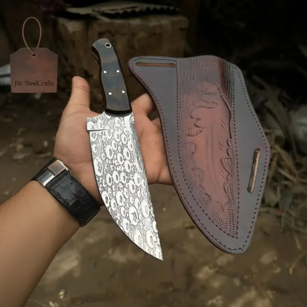 Hand-Forged Hammered Blade Knife | Walnut Grip &amp; Belt Sheath