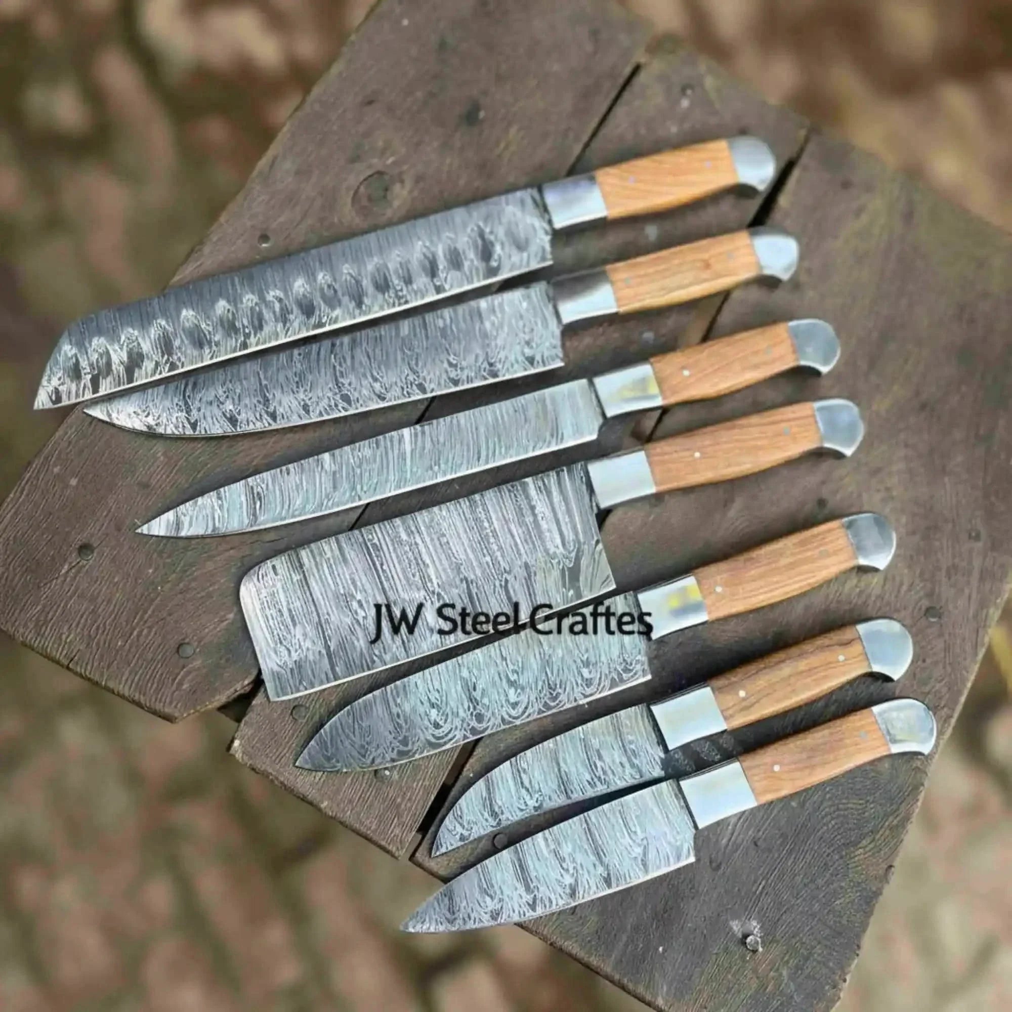 7-Piece Handmade Damascus Chef Knife Set with Wood Handles (Professional Kitchen Set)