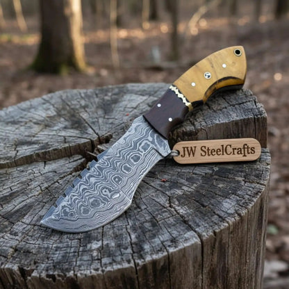 tracker knife Custom, 10", DAMASCUS KNIFE, Damascus steel knife, hunting, exotic Yellow Heart &amp; Walnut wood handle, leather sheath