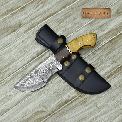 tracker knife Custom, 10", DAMASCUS KNIFE, Damascus steel knife, hunting, exotic Yellow Heart &amp; Walnut wood handle, leather sheath