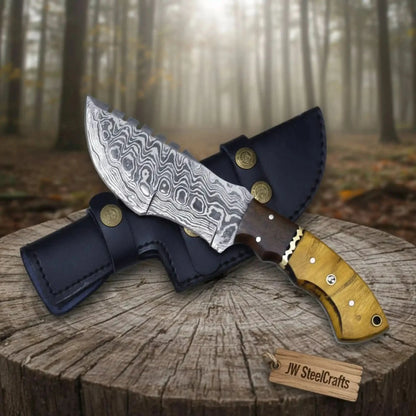 tracker knife Custom, 10", DAMASCUS KNIFE, Damascus steel knife, hunting, exotic Yellow Heart &amp; Walnut wood handle, leather sheath