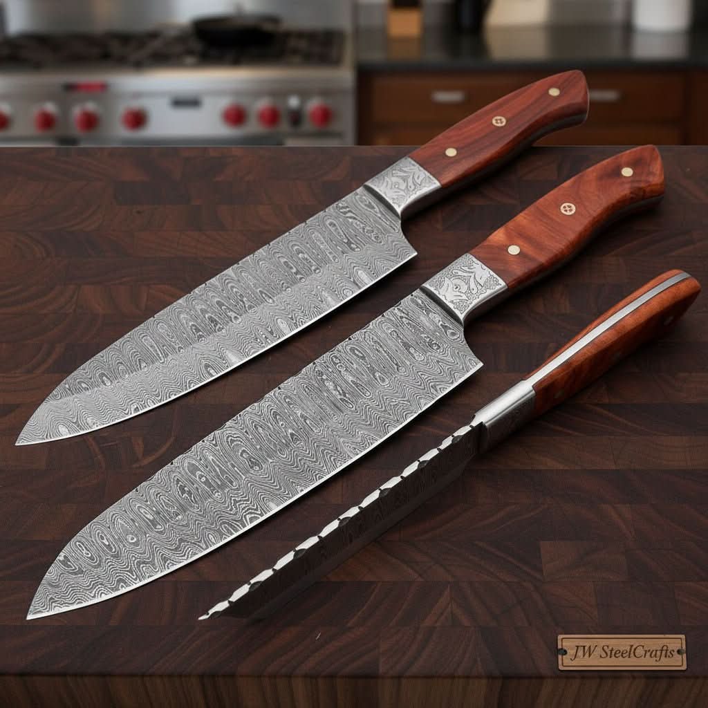 Handmade Damascus Gyuto Knife Set, Japanese Chef Knives with Forged Steel &amp; Pakka Wood Handles
