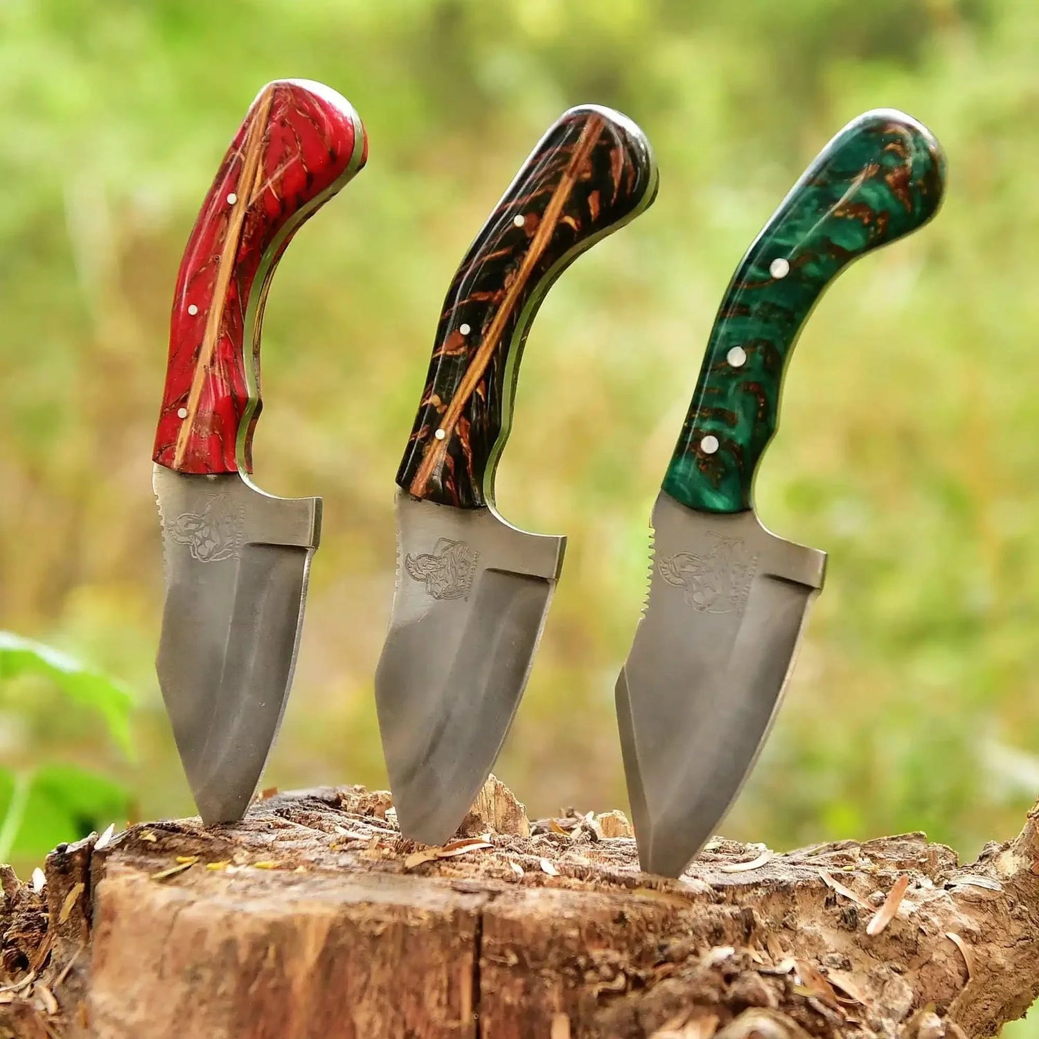 Acid Washed High Carbon Steel Knife – Pinecone Resin Handle (Green, Black, Red) | JW SteelCrafts