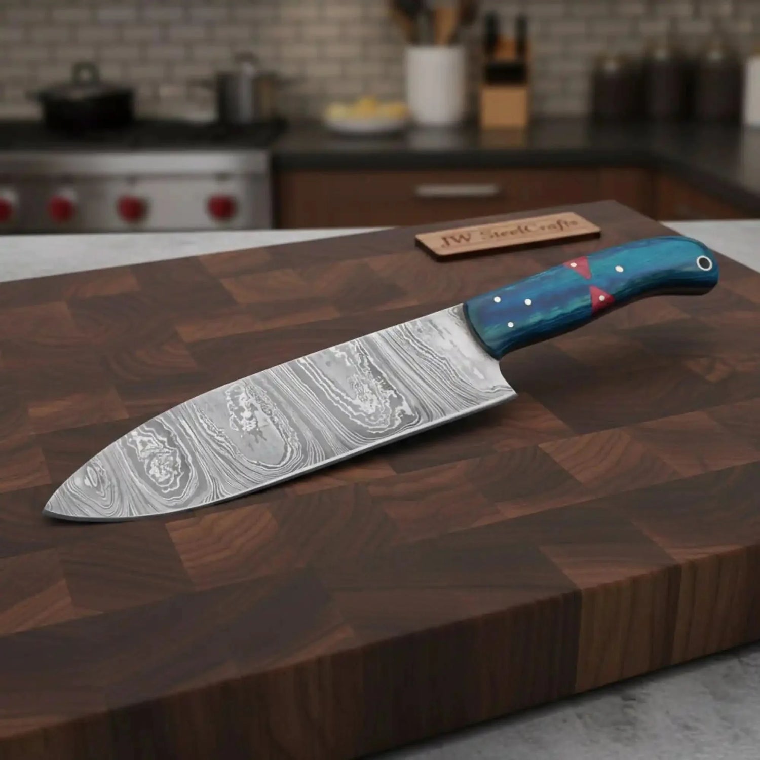 8-Inch Gyuto Chef Knife Twisted Damascus Blade with Blue &amp; Red Pakka Wood Handle (Full Tang, Hand-Forged)