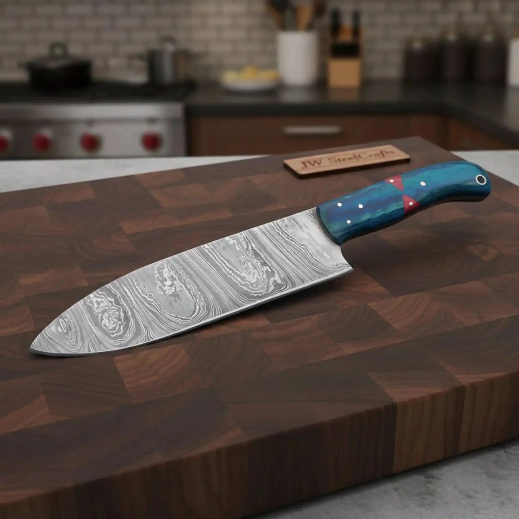 8-Inch Gyuto Chef Knife Twisted Damascus Blade with Blue &amp; Red Pakka Wood Handle (Full Tang, Hand-Forged)