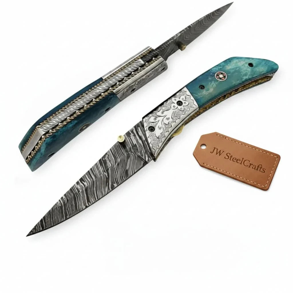 Handmade Damascus Steel Folding Knife with Teal Wood Handle &amp; Engraved Bolster