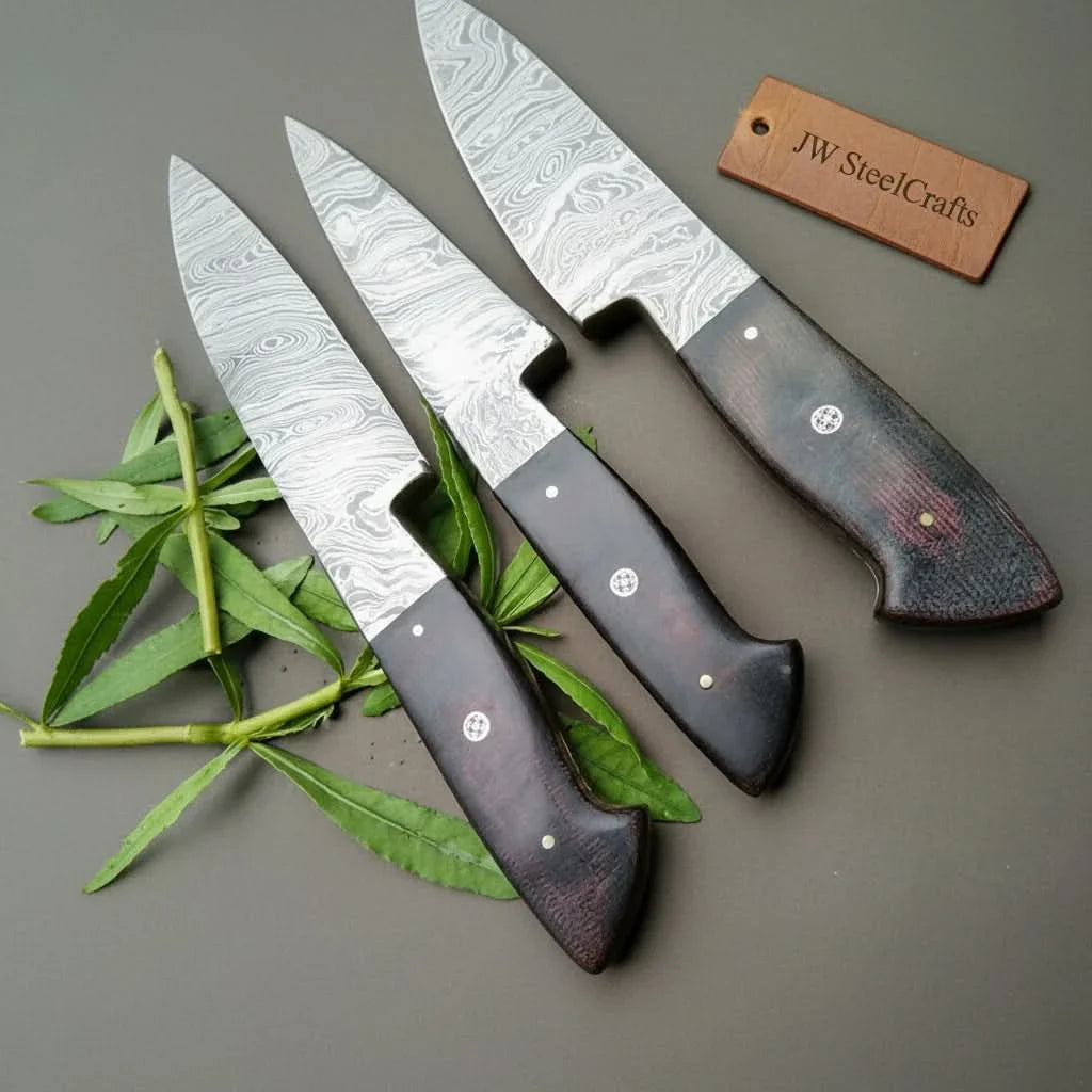 3-Piece Twisted Damascus Kitchen Knife Set — 10" Chef &amp; Utility Knives with 7" Paring Knife and Black Micarta Handles