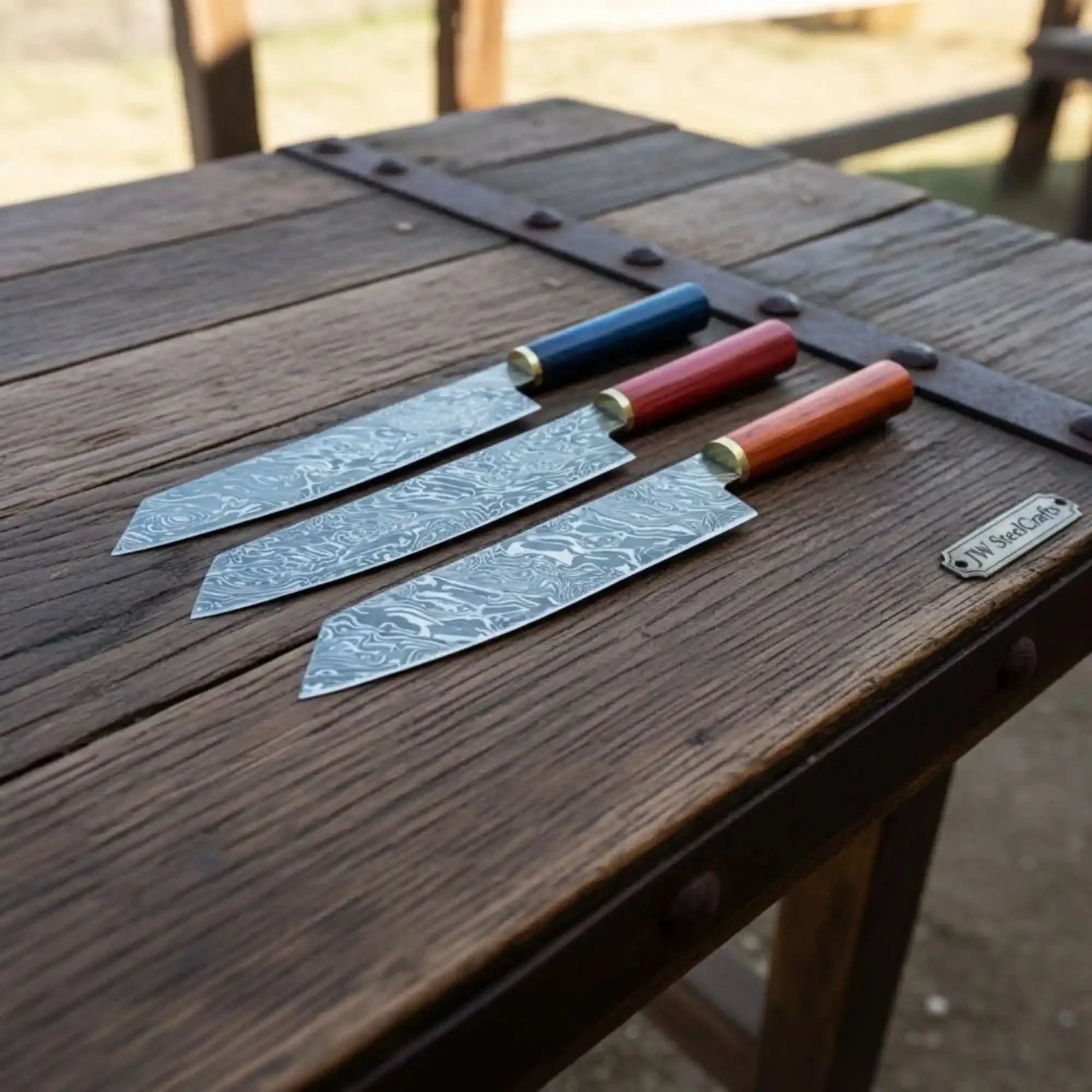 3-Piece Twisted Damascus Chef Knife Set — 9 Inch Blades, 14 Inch Overall, Multicolor Pakka Wood Handles &amp; Brass Bolsters | JW Steel Crafts