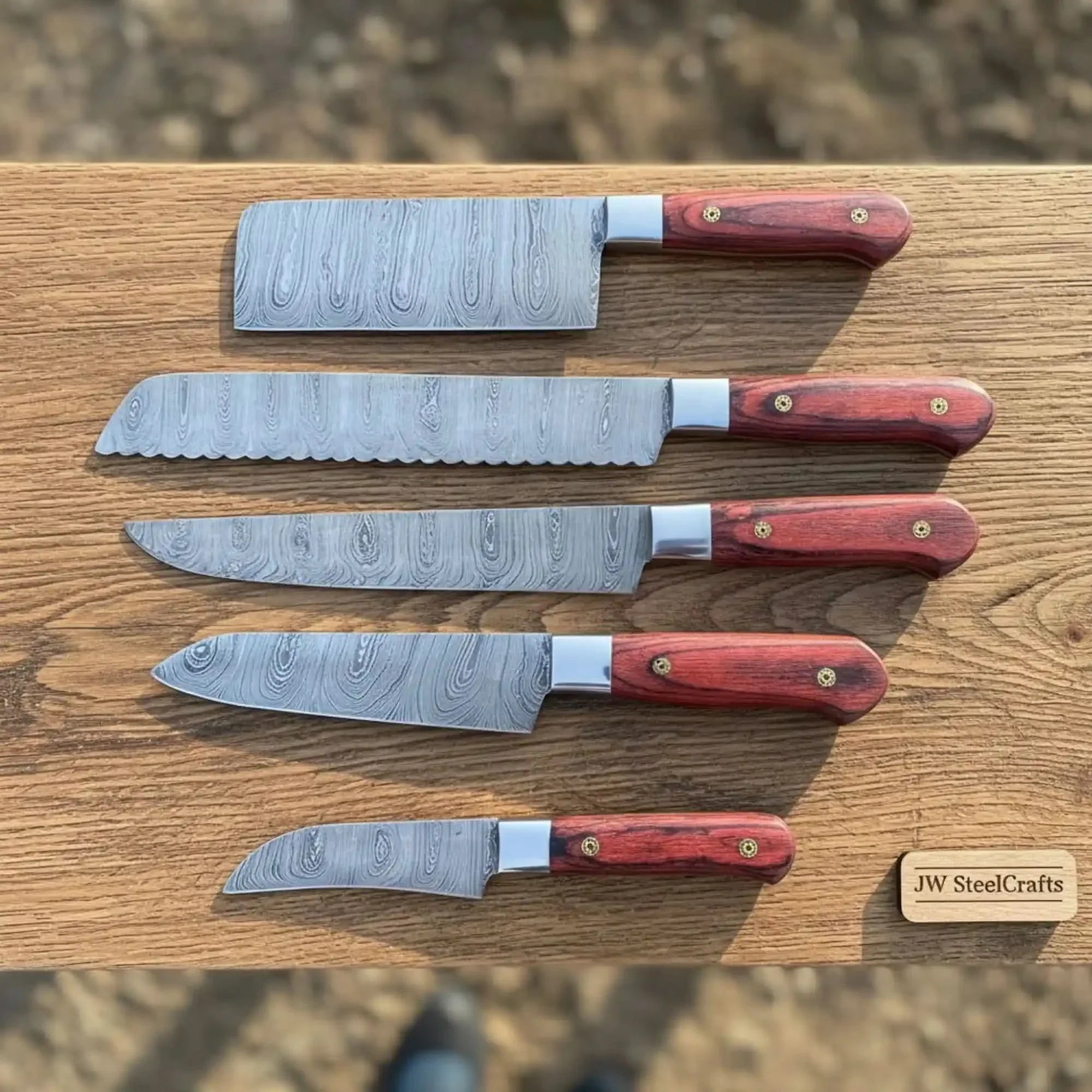 10" Chinese Cleaver &amp; 13" Carving Knife Set — Twisted Damascus Steel with Red Pakka Wood Handles | JW SteelCrafts