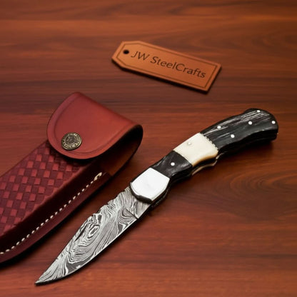 Handmade Damascus Folding Pocket Knife – Engraved &amp; Plain Handle Variants | Leather Sheath Included