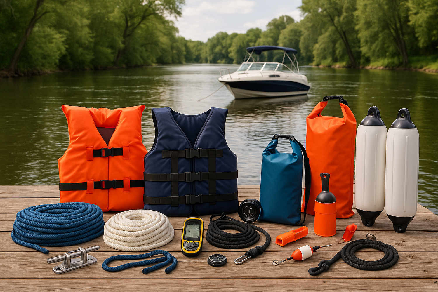 various boating outfitting products of the store, with boat in river background