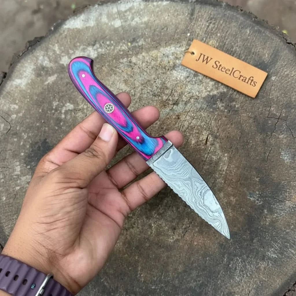 Damascus Steel Fixed Blade Knife – Pink &amp; Blue Pakka Wood Handle | JW SteelCrafts