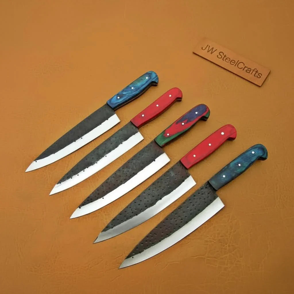 5-Piece Kurouchi Carbon Steel Kitchen Knife Set — Gyuto, Santoku, Utility, Petty &amp; Paring with Multicolor Pakka Wood Handles | JW Steel Crafts