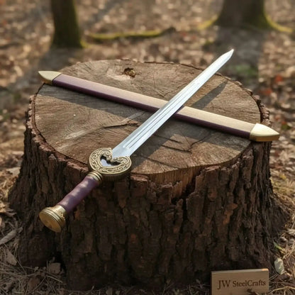 Handmade Medieval Knight Sword Replica | Polished Carbon Steel, Leather Handle &amp; Wooden Scabbard