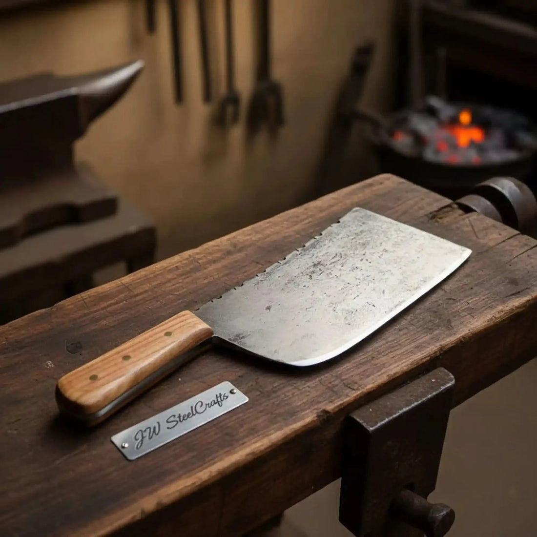 14-Inch Forged High Carbon Steel Butcher Cleaver — Filework Spine &amp; Natural Hardwood Handle
